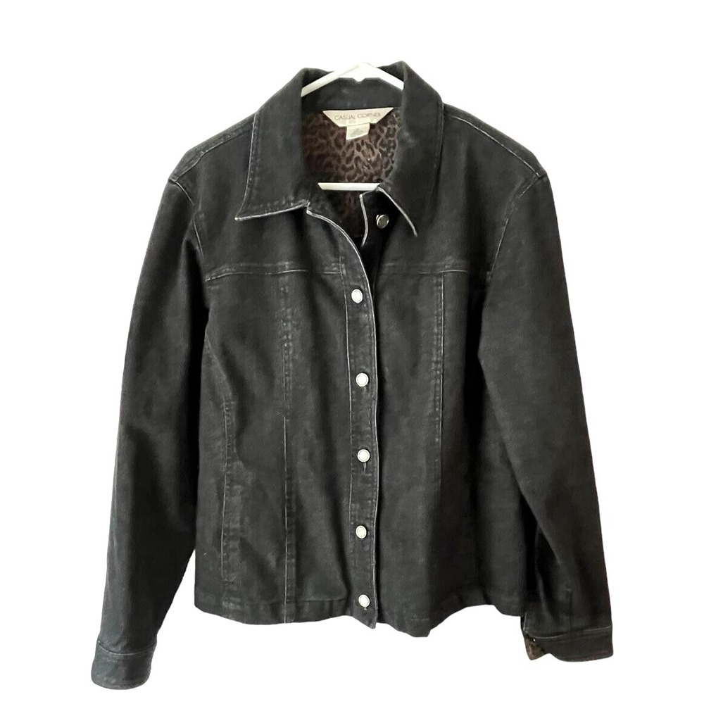 Casual Corner Women's Black Denim Jacket Animal Print Interior Size 12
